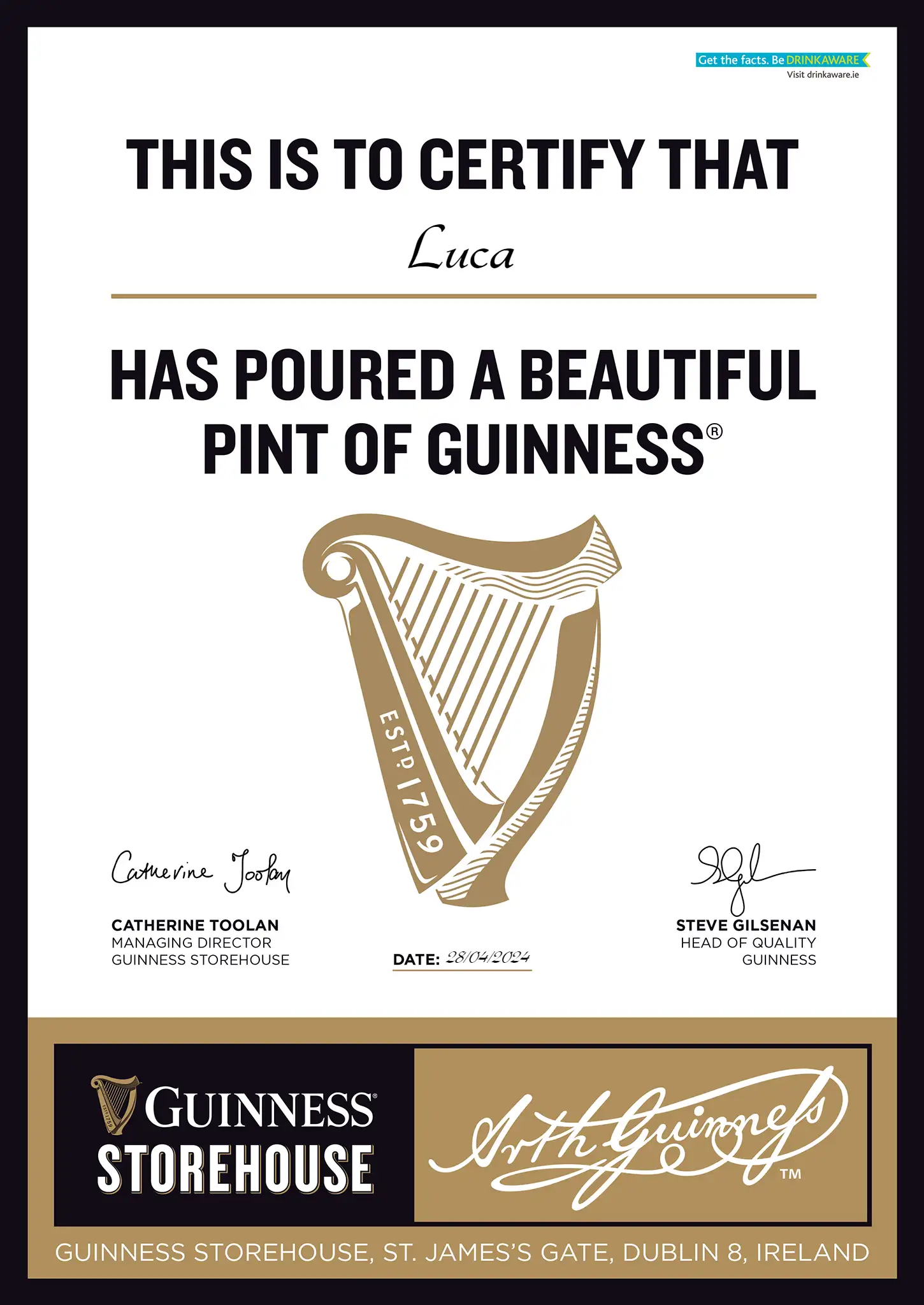 A "Beautiful Guinness pint pourer" certificate.